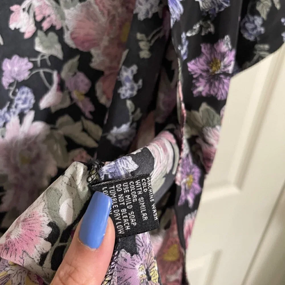 FCNY Women's Black Floral Open Front Short Sleeve Kimono Size Small